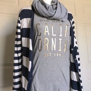 Long sleeve cardigan, tee & infinity scarf